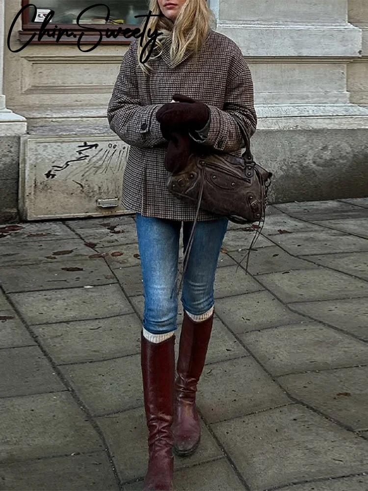 

Городская клетчатая женская куртка с воротником-стойкой, повседневная универсальная женская куртка с длинными рукавами и пуговицами, осень-зима 202, женская верхняя одежда