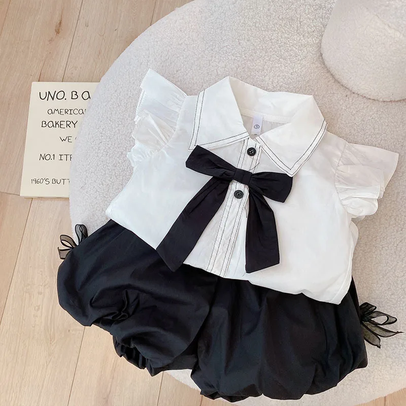 Girls Two-piece Set 2024 New Summer Childrens Fashion Bract Shorts White Shirt Two-piece Fashion Casual Simple and Versatile