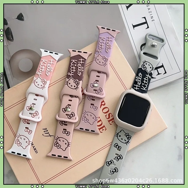 Correa de reloj de silicona suave Hello Kitty para Apple Watch S10 Se S9 S8 S7 S6 S4 5 6 Ultra 40-49mm, correa de repuesto con estampado KT
