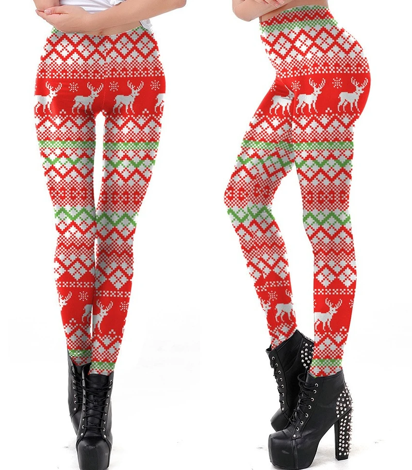 Christmas Theme Full Print High Waist Slim Tight Trousers Stretch Skinny Leggings for Holiday Family Gathering Women Outfits