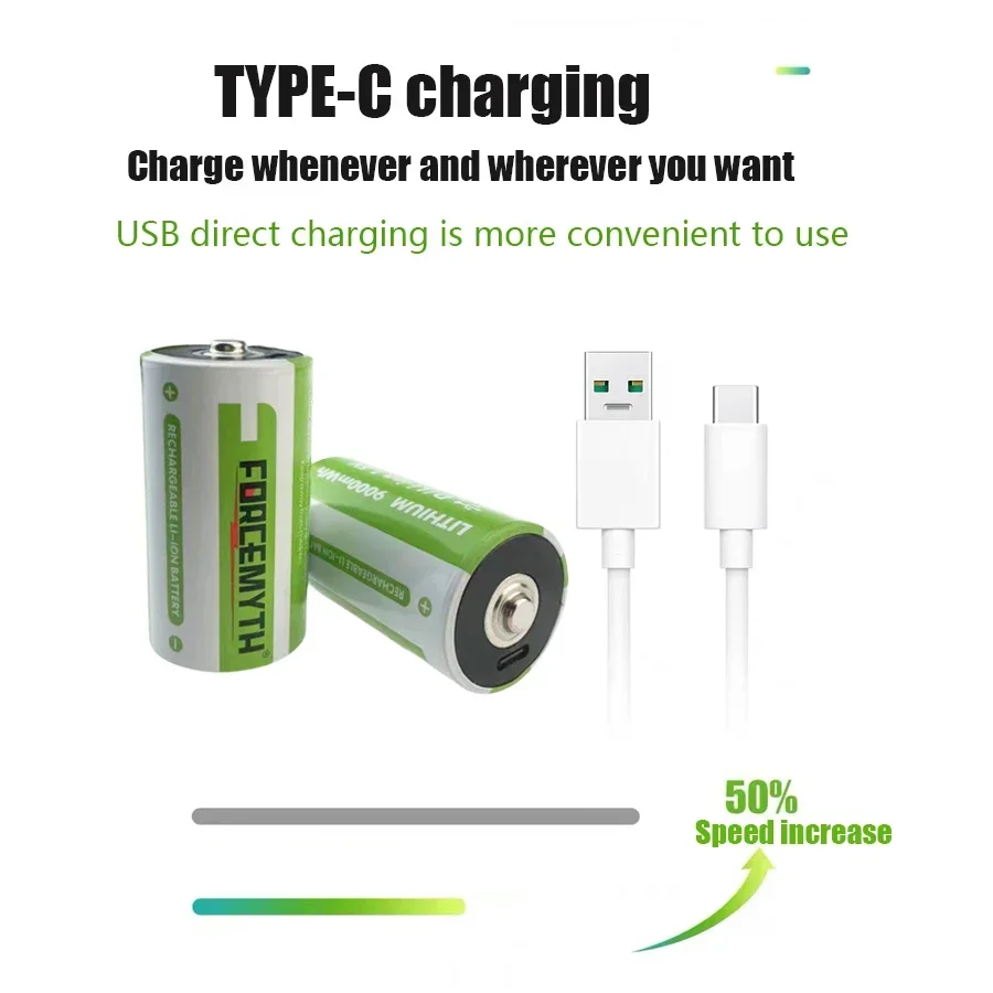 Lithium 1.5V 9000mWh D/LR20 Battery Rechargeable Battery Type C USB Charging Suitable for household appliance, flashlight