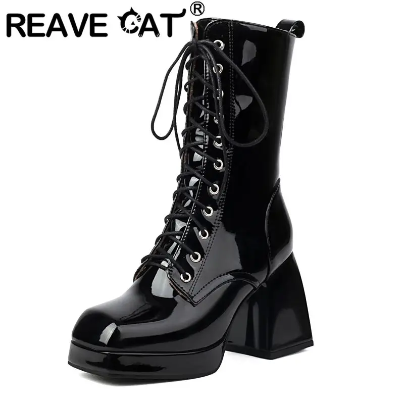 

ORCHA LISA Fashion shoes Women's Mid Calf Motorcycle Boots Round Toe 9cm Block Heel 2cm Platform Lace Up Shiny Size 47-48 Daily