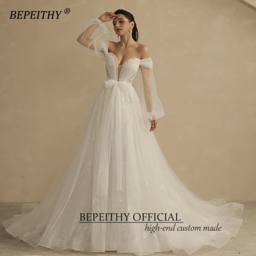 BEPEITHY Personalizzato Una Linea di Abito Da Sposa In Pizzo Per Le Donne 2023 Sposa Al Largo Della Spalla Con Scollo A V Maniche A Puffy Abiti Da Sposa Da Sposa