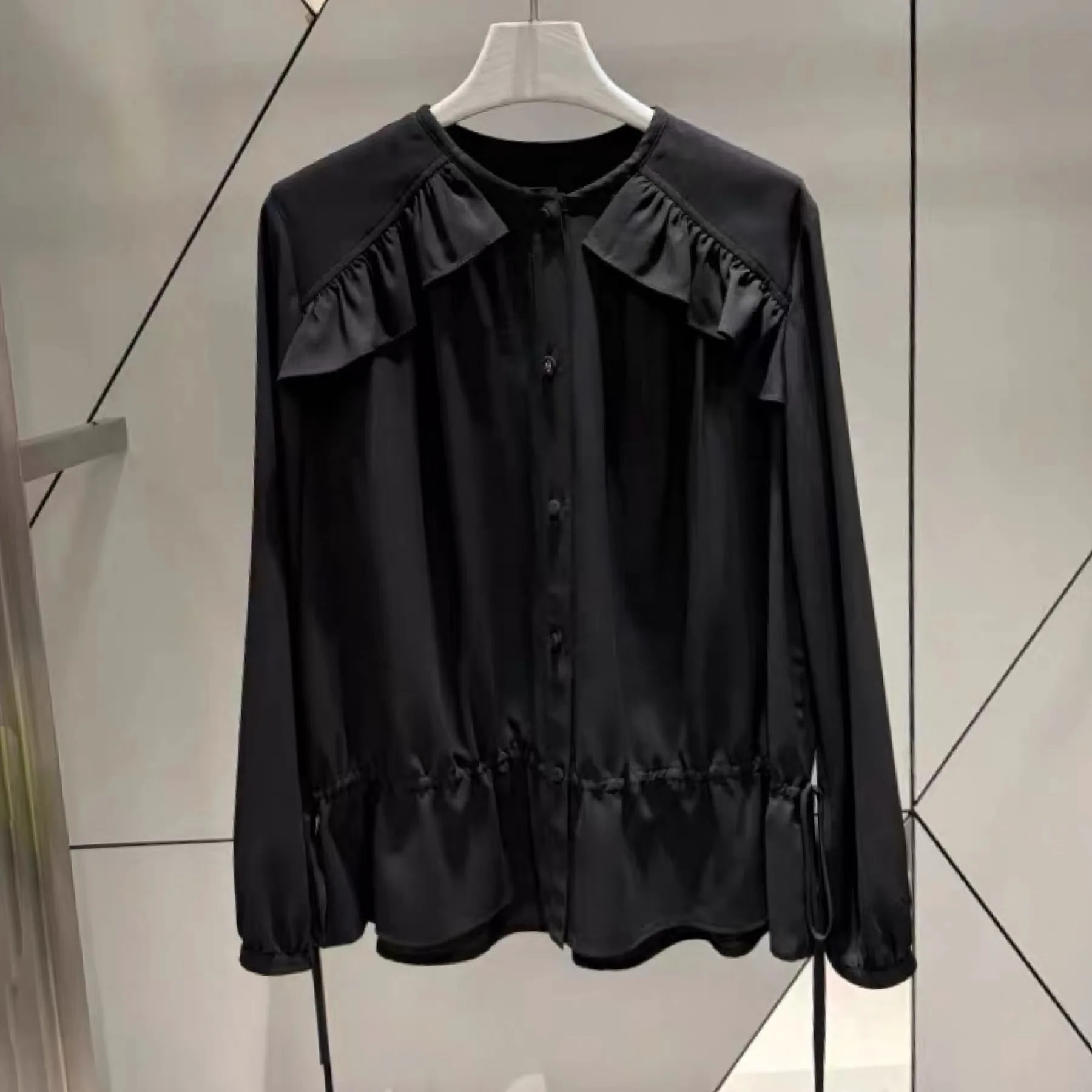 

Lemon Remote LUC26 Spring Casual Fashion Long Sleeve Drawstring Waist Gathered Shirt Versatile Women's Business Casual Pure C...