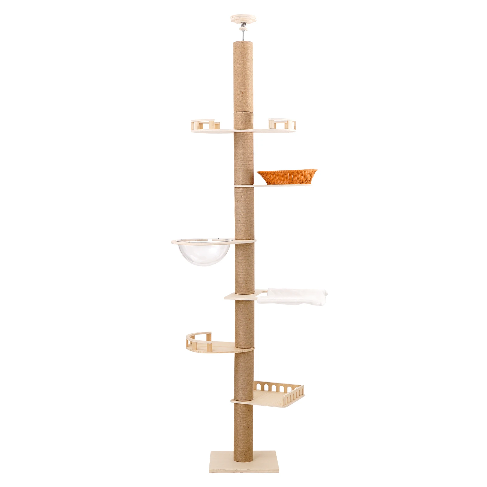 7-Tier Floor-to-Ceiling Cat Tree Tower for Multiple Cats, Adjustable Cat Condo with Sisal Scratching Posts, Hammock, Basket, Perches and Enclosed Space Capsule, Multi-Level Cat Activity Center