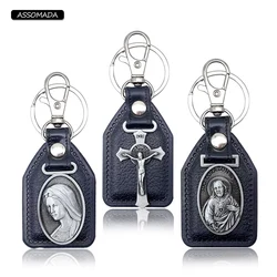 Leather Cross Jesus Keychains Virgin Mary Car Tools For Men Women Gift Catholic Christian Religion Crosses Key Chains Supplies