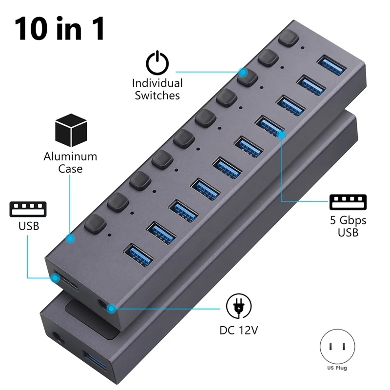 USB3.0 Splitter 10Port Charging Multi-Interface HUB With Switch And Power Supply-US Plug Easy To Use
