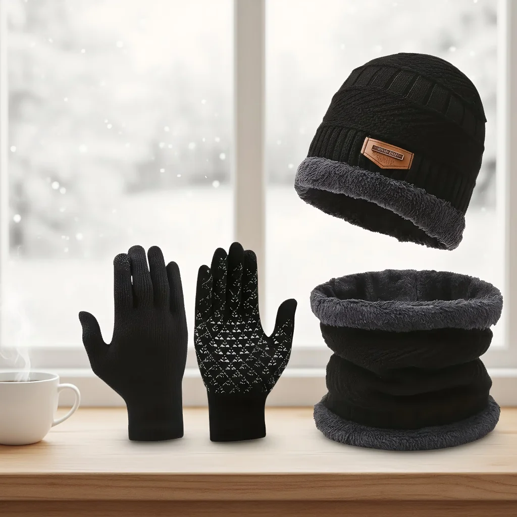 

Winter Knit Hat & Scarf Set for Men & WomenThick Fleece Riding Cap with Neck Warmer, Outdoor Wool Beanie