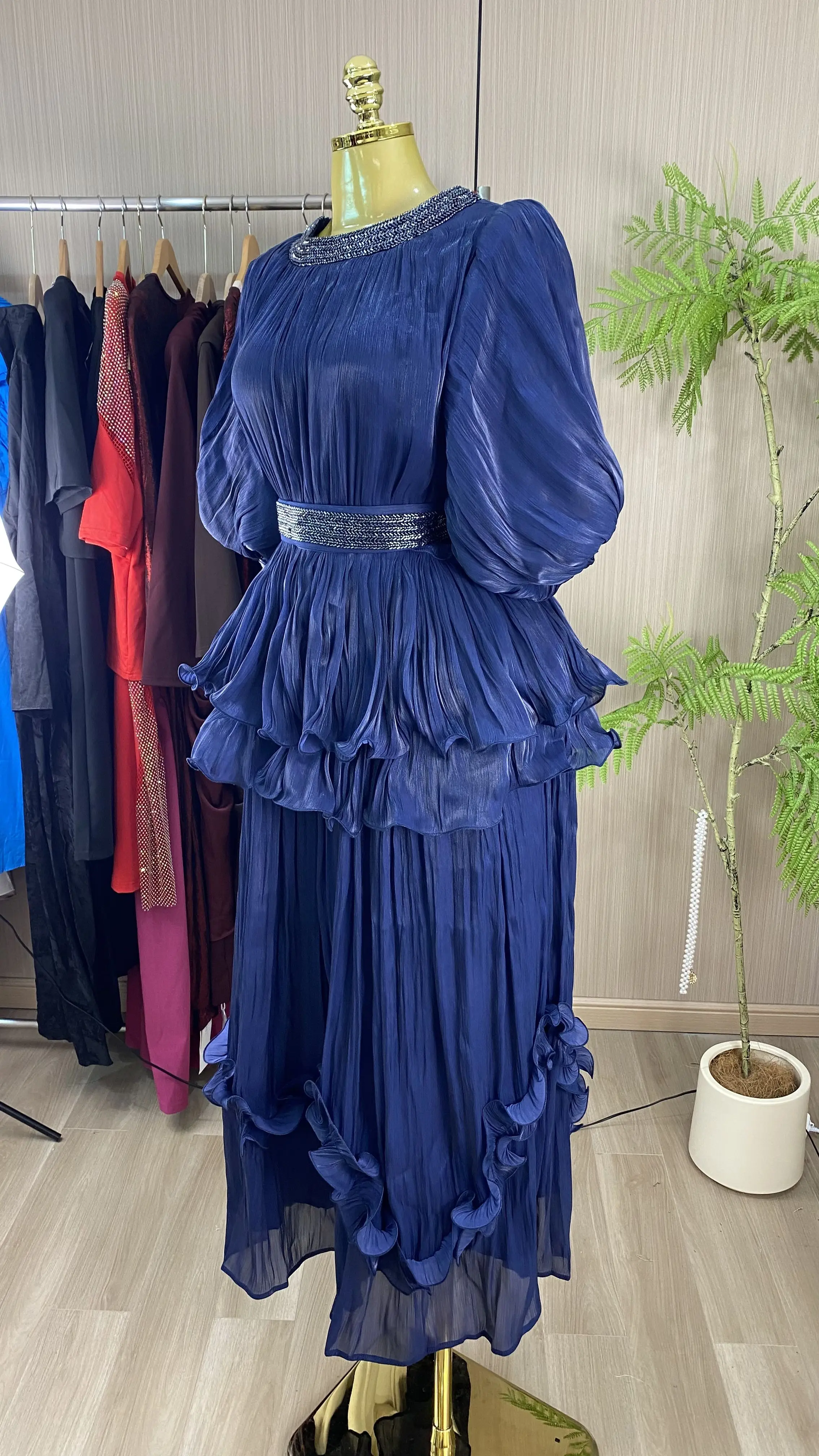 2026 New Retro-Style Tiered Cake Dress: Natural Waist, Crew Neck, Short Sleeves, Beading, and Ruffles-GZXX1029