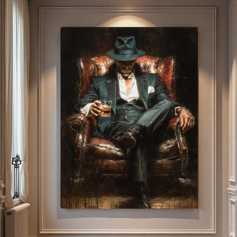 Mafia Boss Wall Art Print Man in Suit and Fedora with Whiskey Painting Vintage Modern Club Room Home Decoration Poster Pictures