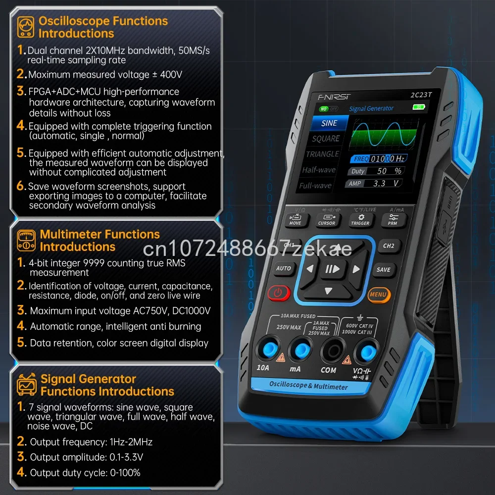 

Dual Channel 50MS/s Sampling Rate 10MHz*2 Bandwidth Function Signal Generator 2C23T Digital Oscilloscope Multimeter 3 in 1