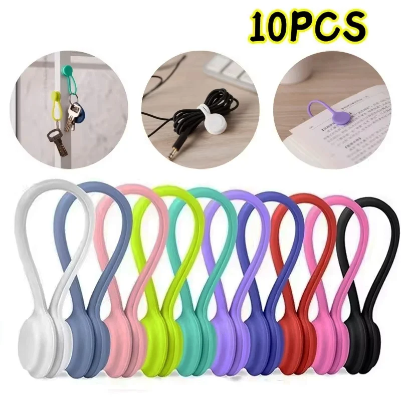 3/10Pcs Ear Mounted Magnetic Winding Device Multicolor Silicone Cable Ties Wires Organizer Cord Home Winders Protect Data Cable