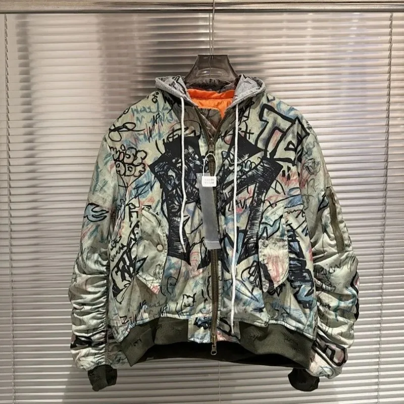 26 SS London Underground Art Graffiti Washed Pilot Jacket Distressed Texture Loose Cropped Padded Bomber Hooded Coat
