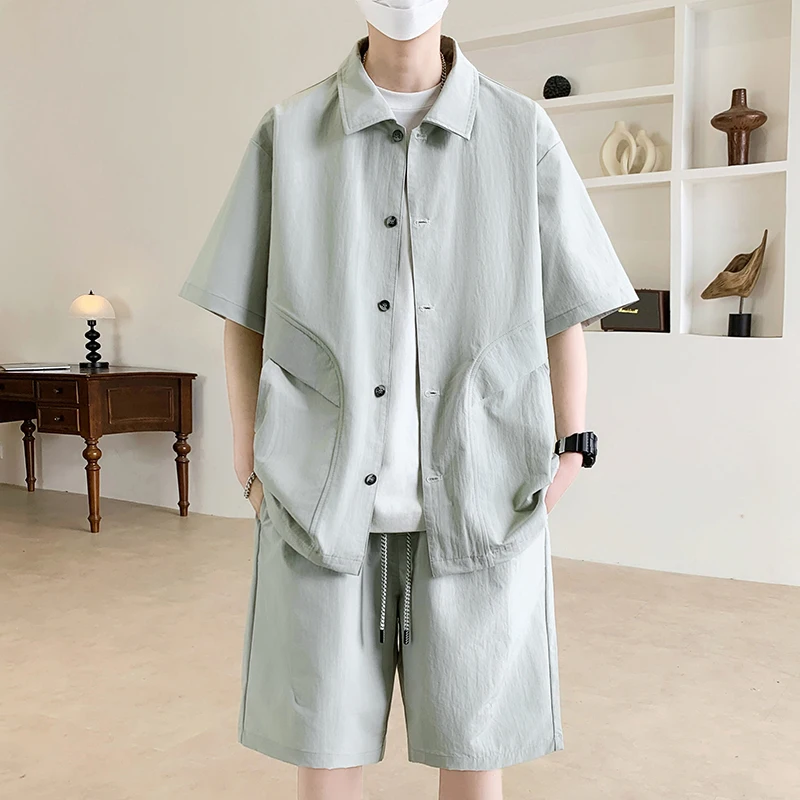 Summer New Fashionable Solid Color Outdoor Sports Beach Short Sleeve Shirt Set for Men's Casual Loose Large Two Piece Set