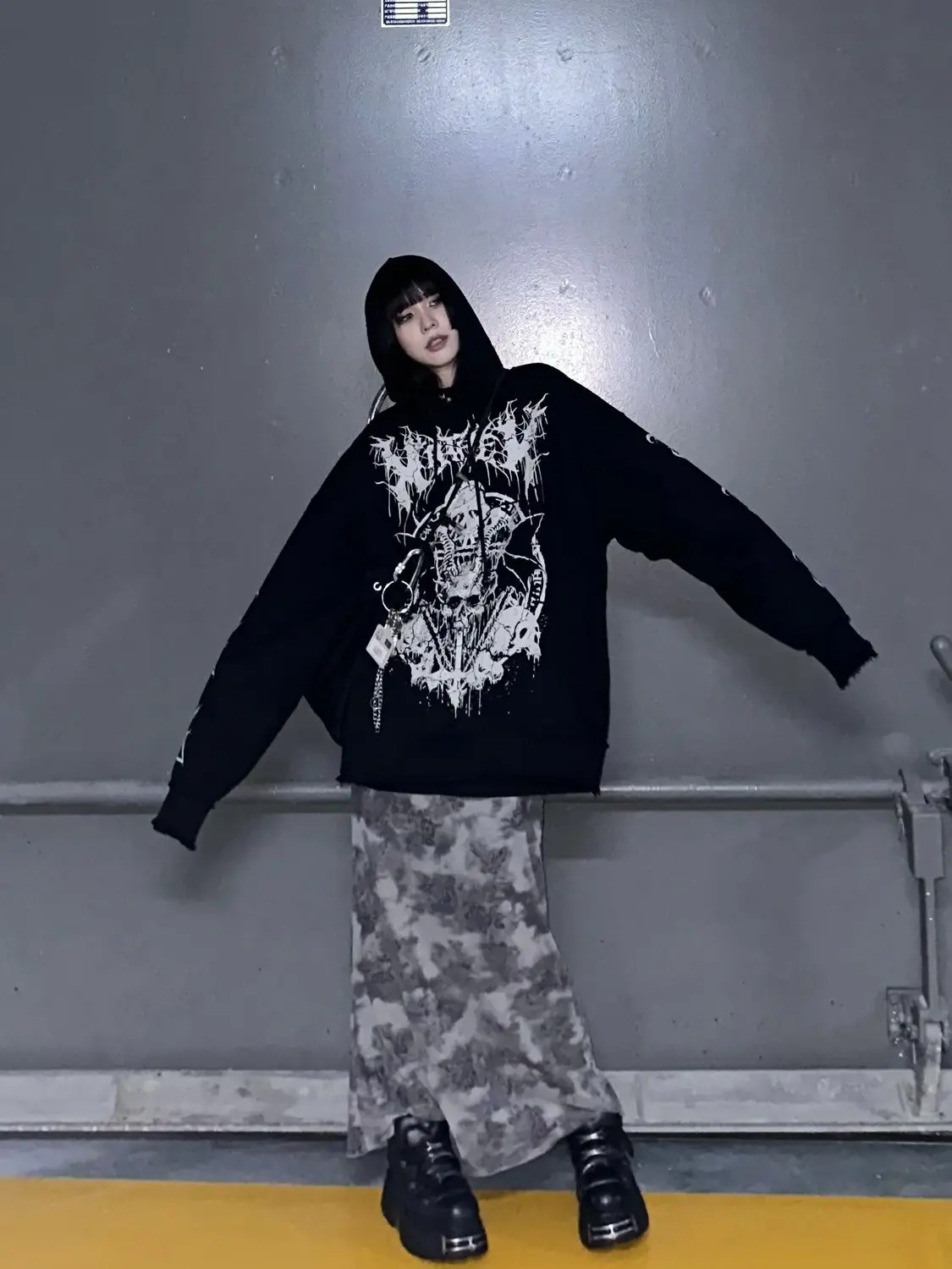 Spring Autumn American Punk Gothic Coat Women Skull Letter Print Loose Hooded Sweatshirt Vintage Y2K Subculture Pullover Coat