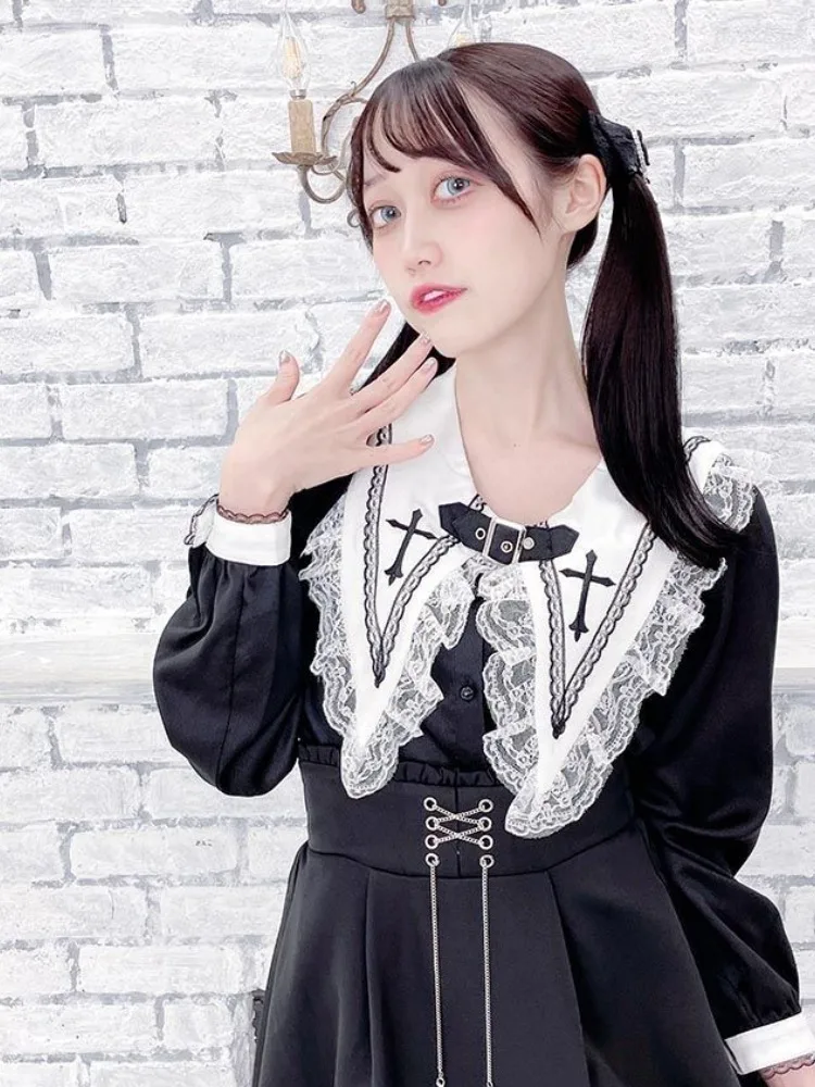 Y2k Aesthetic Blouse Women Japanese Kawaii Lace Patchwork Gothic Shirt Harajuku Cute Ladies Top 2024 Lolita Blusas Femme Camisas