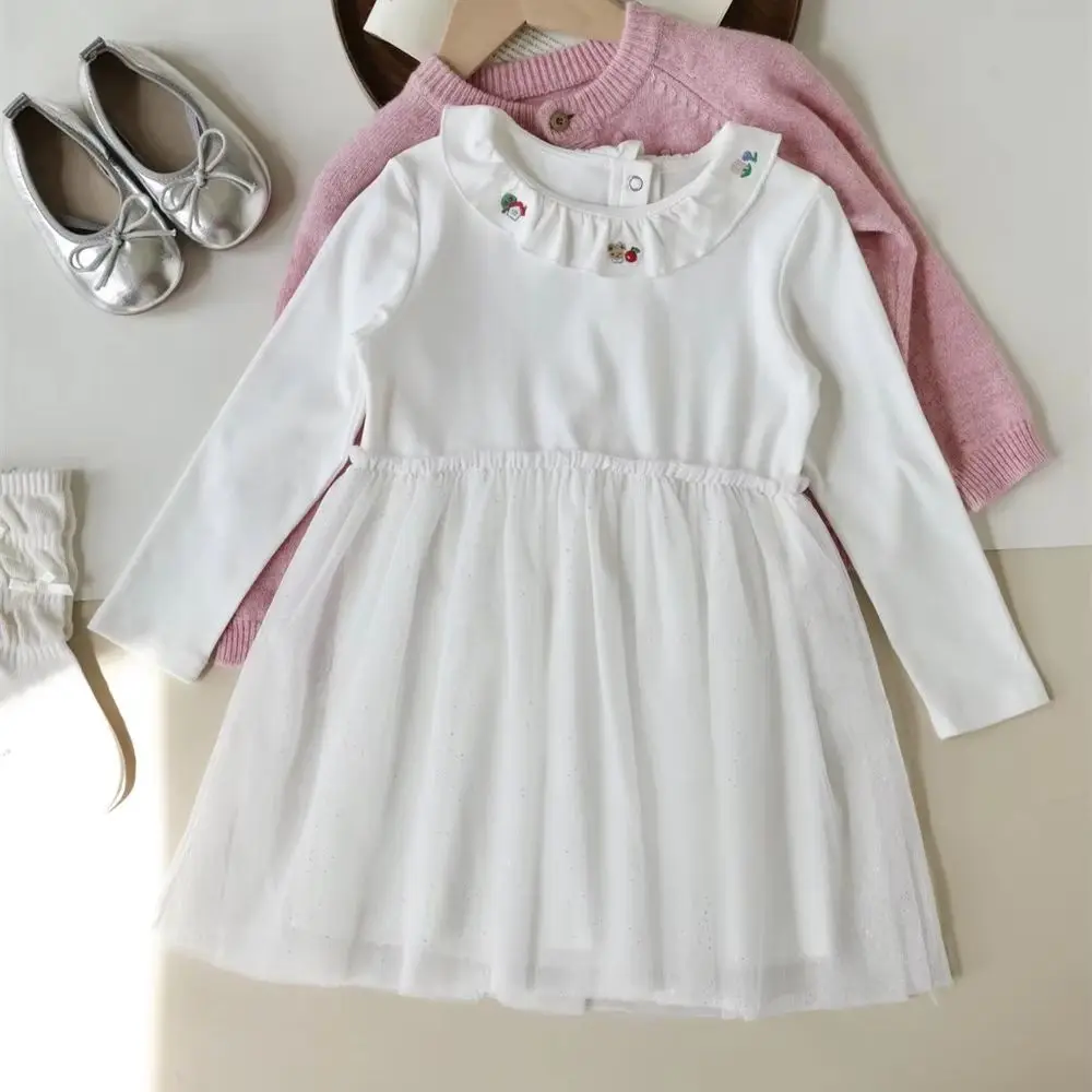 

Детское платье, одежда для маленьких девочек, белое платье с длинными рукавами и вышитым кружевным воротником с мультяшным узором для девочек