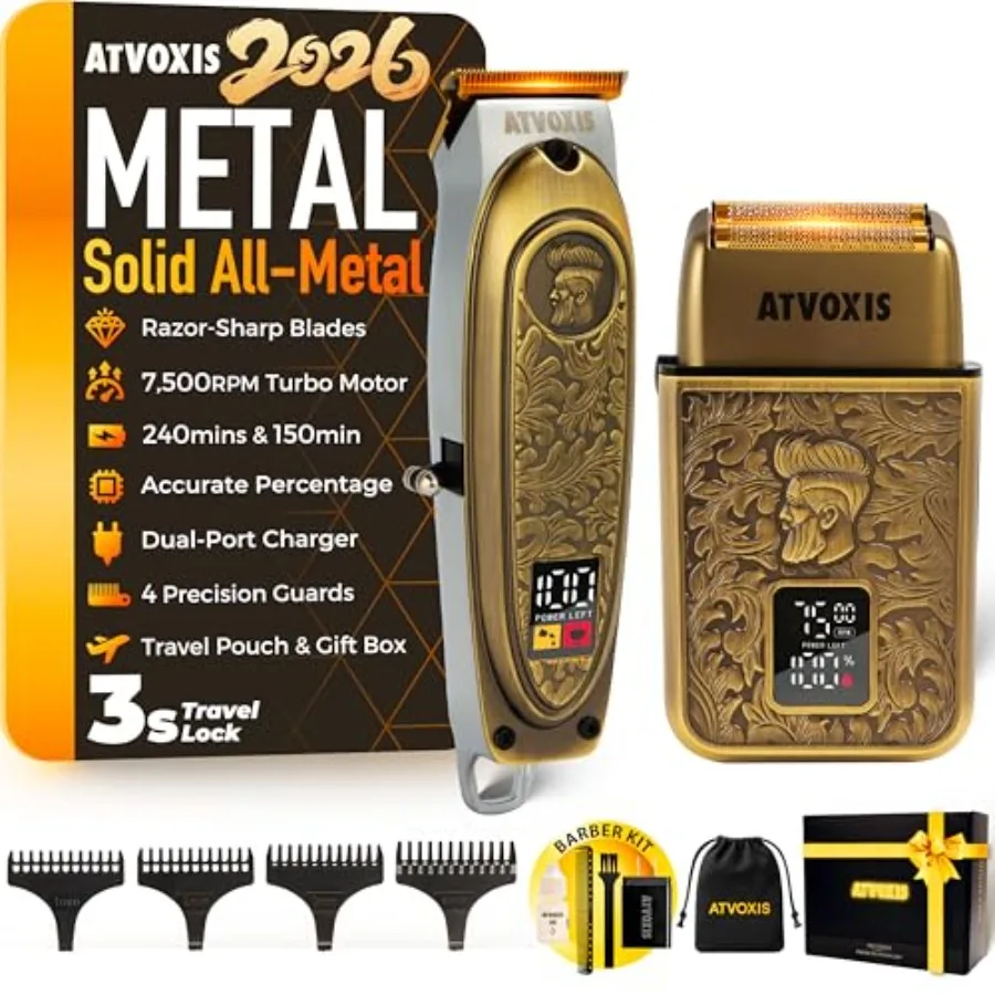 

All-Metal Body Razor-Sharp T-Blade Hair/Beard Trimmer with 4 Guards and Close Shave Foil Shaver Kit for Men: Electric Cordless
