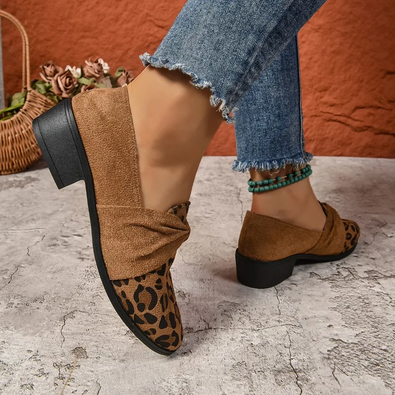 2024 New Leopard Women Chunky Loafers Shoes Suede Fashion Mid Heels Walking Shoes New Brand Pumps Casual Dress