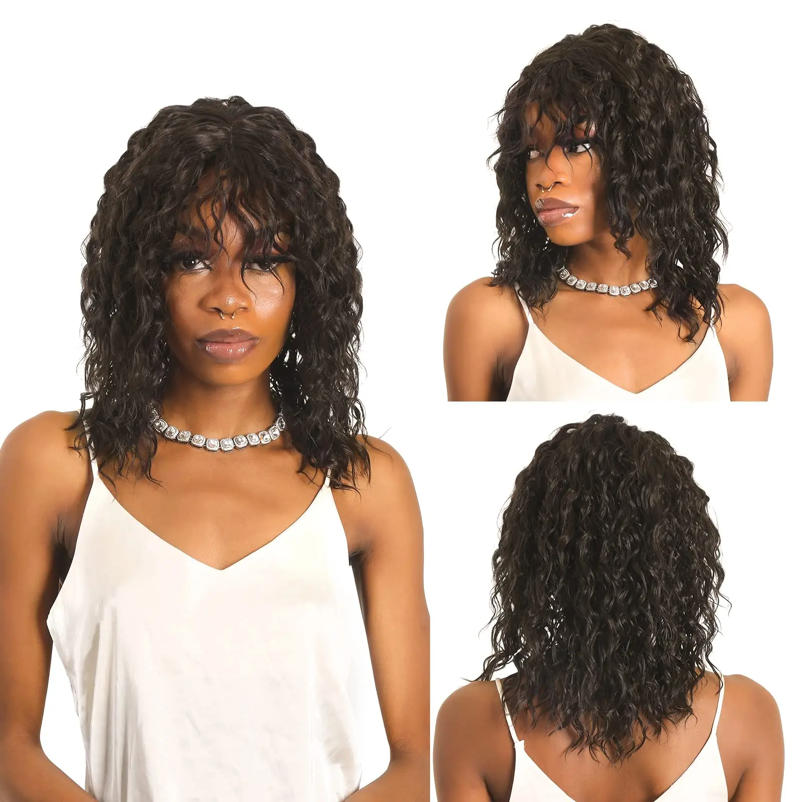 Shangzi Jerry Curly Synthetic Wigs with Bangs Brazilian Remy Curly Hair Wigs for Women Full Machine Made Lace Curly Fringe Wig