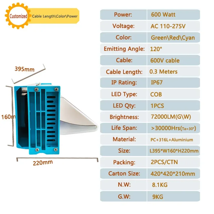 600W Red White Cyan Green Overwater Fishi Lights Led Attracting Fishing Light Squid Fishing Luring Lamp