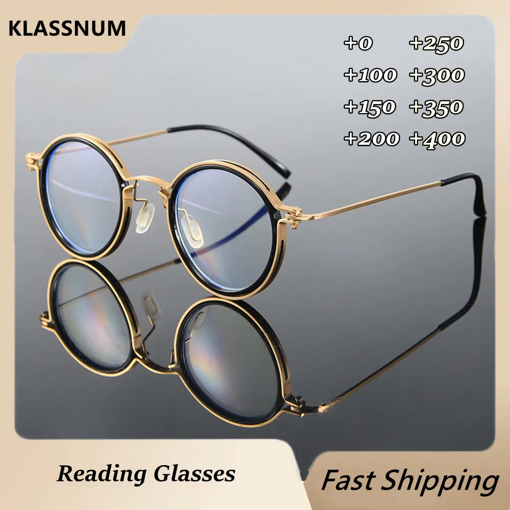 New Reading Glasses Men Luxury Round Frame Magnifying Glasses Clear Lens Anti Blue Light Glasses Men Women Metal Reading Glasses