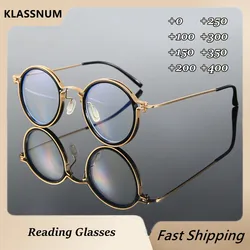 New Reading Glasses Men Luxury Round Frame Magnifying Glasses Clear Lens Anti Blue Light Glasses Men Women Metal Reading Glasses