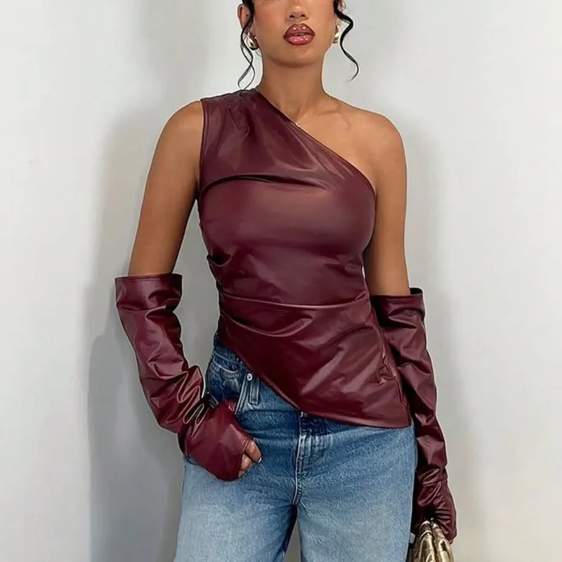 Sexy One Shoulder PU Leather Vest With Gloves Women Vest Solid Color Sleeveless Irregular Camisole Street Y2k T Shirt Clubwear