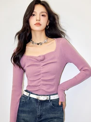 Sweet Knitted Sweater Women Autumn Fashion Flowers Square Collar Long Sleeve Slim Tops Stretch Basic Elegant Pullover