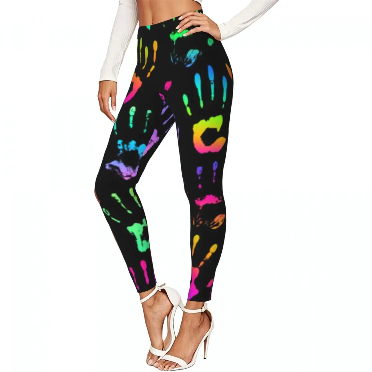 Women High Waist Elastic Leggings Rainbow Handprints Slim Fit Stretchy Pants Casual Wear