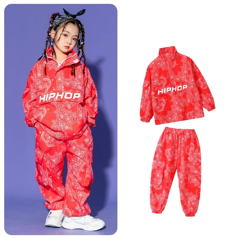 Boy Hip Hop Sweatshirt Joggers Clothes Sets Girls High Collar Paisley Top Cargo Pants Child Street Dance Kids Streetwear Costume