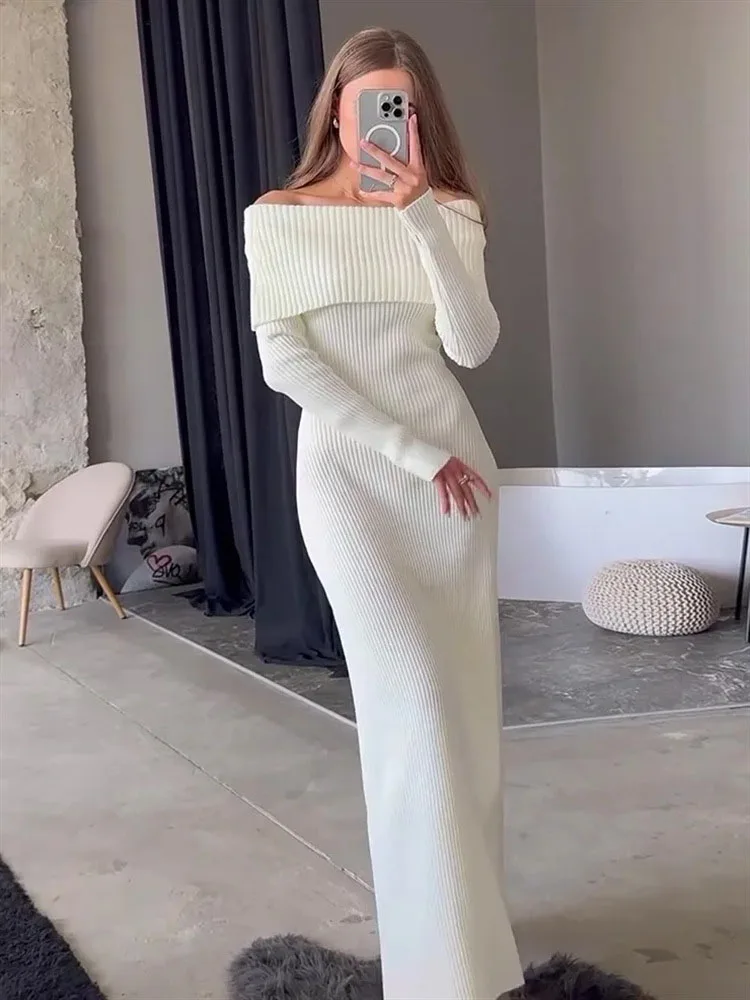 TARUXY Sexy One-shoulder Knitted Dress Women\'s Long-sleeved Elegant Slim Maxi Sweater Dress Autumn Winter Solid Color 2024 New