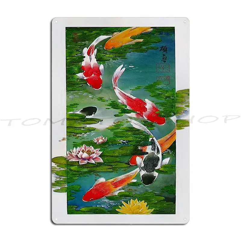 Koi Fish Pond Lotus Garden Zen Metal Plaque Living Room Decoration Printing Decoration Personalized Tin Sign Poster
