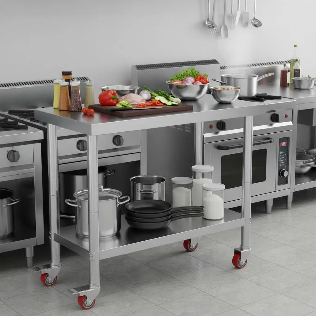Carrito de cocina metálico de 30 x 18 x 34 pulgadas para cocina comercial, restaurante, taller, capacidad de carga de 700 libras, 4 ruedas, 3 ajustables