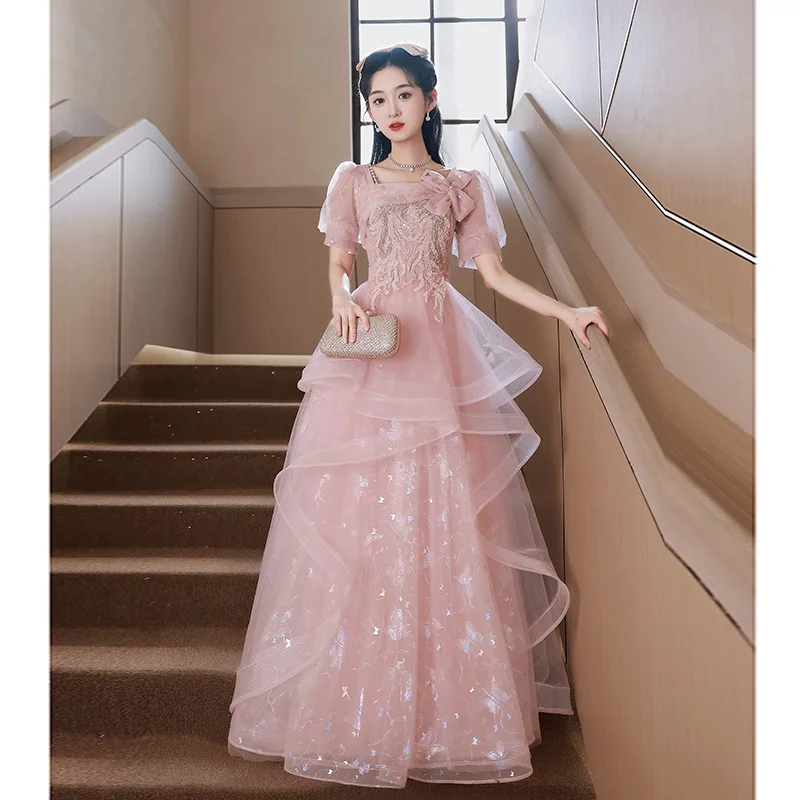

Gorgeous Pink Evening Dress Pearls Beading Applique Butterfly Sequins Tulle Long Ball Gown Formal Banquet Party Dresses
