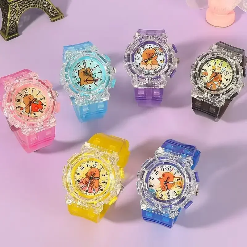 Cool Cartoon Capybara Kids Girls Children Quartz Pointer Watch Lights Flashing Party Gifts Toy Wrist Watches Clock