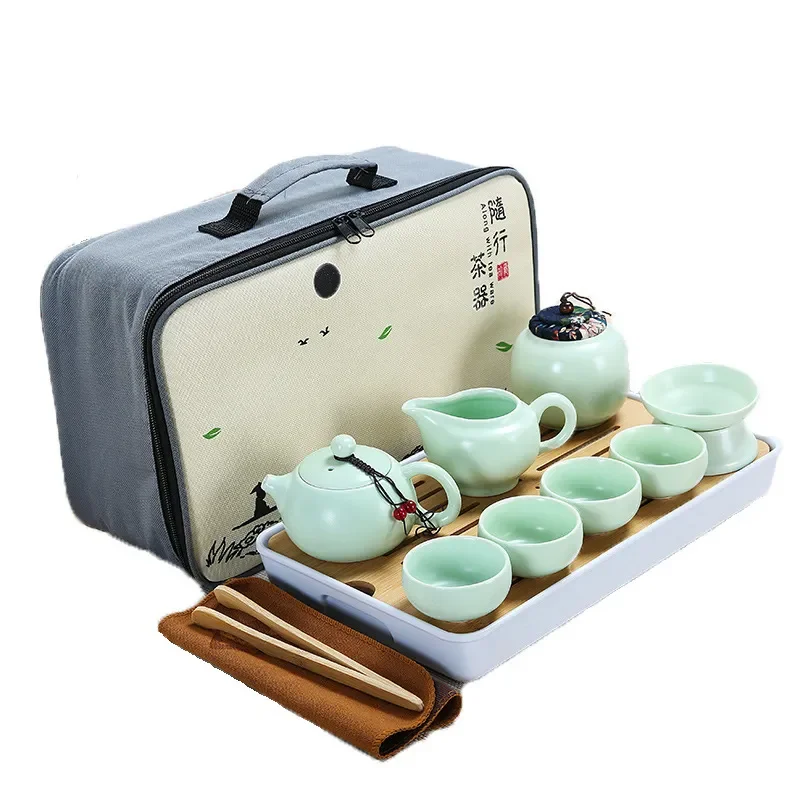 Ceramic Teapot One Pot Four Cup Outdoor Travel Kung Fu Tote Bag Set  Teaset Chinese Tea
