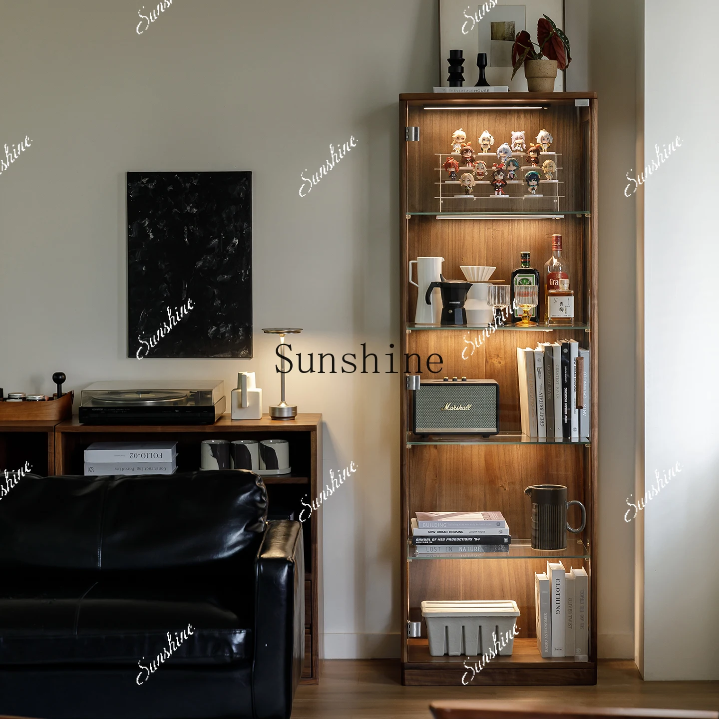 

Glass display cabinet All solid wood living room Simple modern TV side cabinet FT