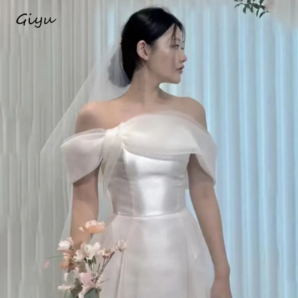 Giyu semplice a-line corea abito da sposa servizio fotografico maniche corte al largo delle spalle lunghezza del pavimento abito da ballo smileslimays