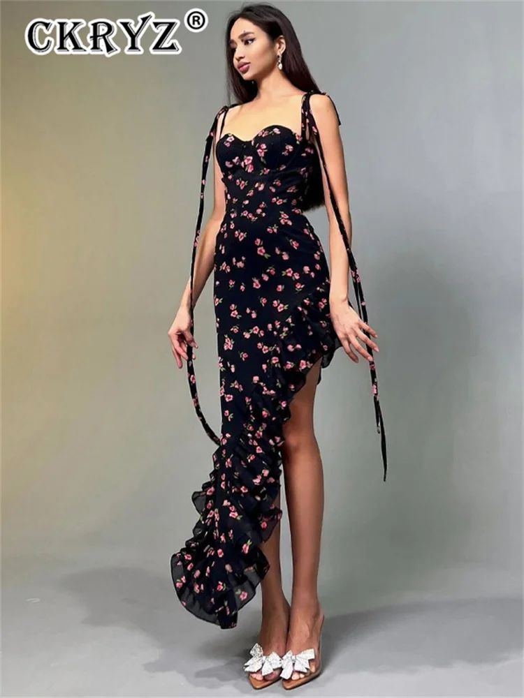 

Ladies Floral Print Slips Backless Lace Up Irregular Ruffles Sexy Slim Elegant Maxi Dress Summer Women Outfits Birthday Party