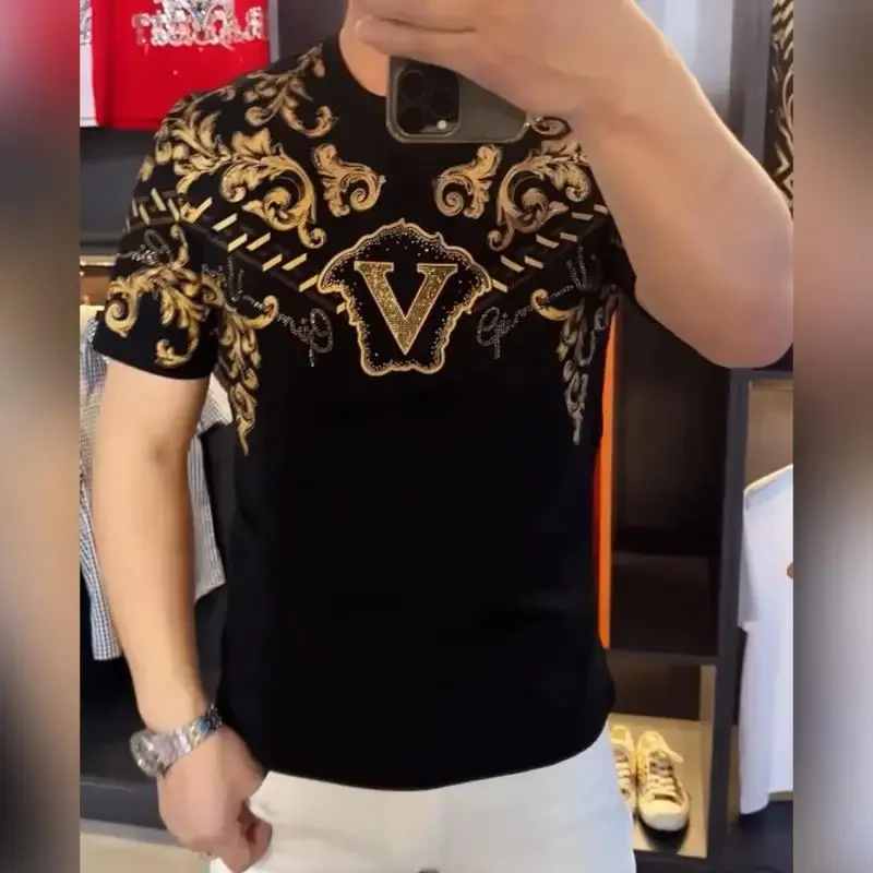 

New summer round neck short-sleeved t-shirt men's high-end bronzing printing trend handsome slim half sleeve