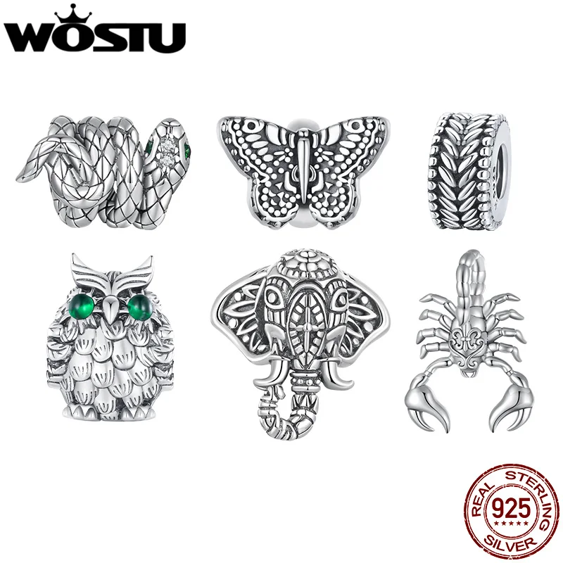 WOSTU 925 Sterling Silver Retro Owl Snake Elephant Charm Butterfly Silicone Spacer Bead Fit DIY Bracelet Necklace Jewelry Making