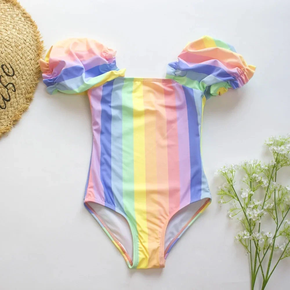 Gradient Kids Girls Swimsuit Swimwear Puff Sleeve Child Swimming Suit Cute Teen One Piece Swimwear Mermaid Children Bathing Suit