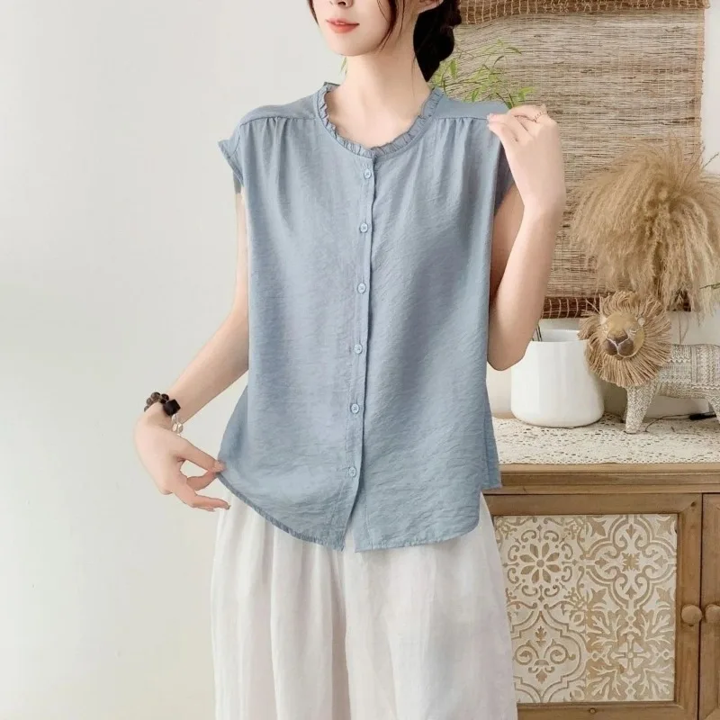Women Ruffle Round Neck Sleeveless Button Down Loose Casual Blouse 3