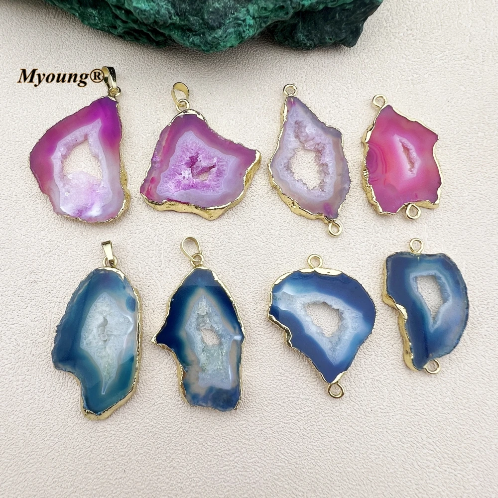 10PCS Freeform Blue Pink Agates Geode Druzy Slice Necklace Pendant For DIY Jewelry Making MY231082