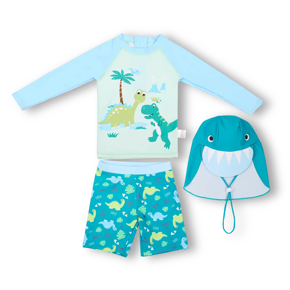 3Pcs Set Children Swimwear Swimsuit Dinosaur Printing Long Sleeves Shorts Set with Hats Swimming Suits Sun Protection Quick Dry