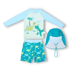 3Pcs Set Children Swimwear Swimsuit Dinosaur Printing Long Sleeves Shorts Set with Hats Swimming Suits Sun Protection Quick Dry