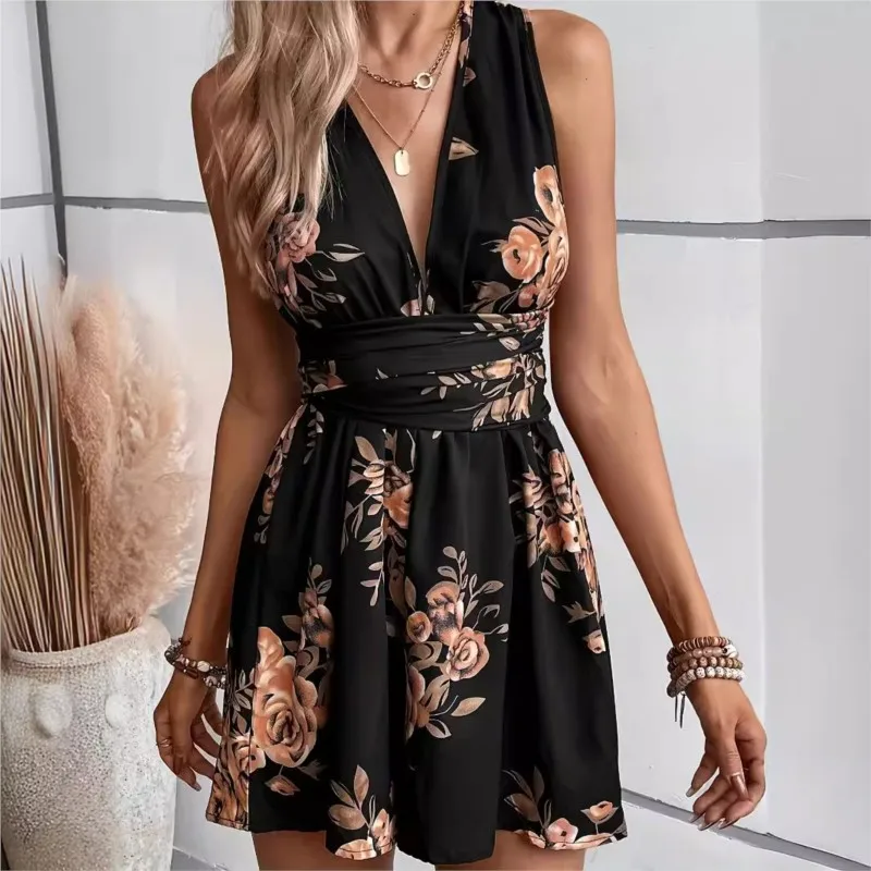 2025 New Summer Women's Sexy Fashion V-Neck Slingback Multi-Color Printed Jumpsuit