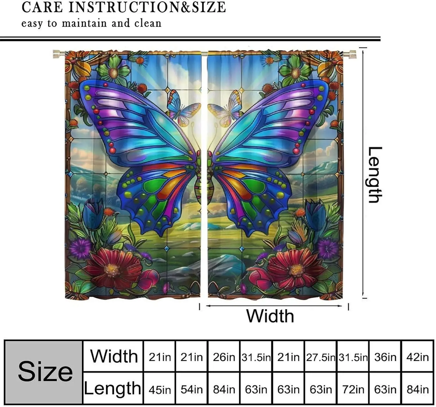 Vibrant Stained Glass Butterfly Blackout Curtain Floral Grassland View Rod Pocket Soft Fabric Panels Romantic Aesthetic Bedroom