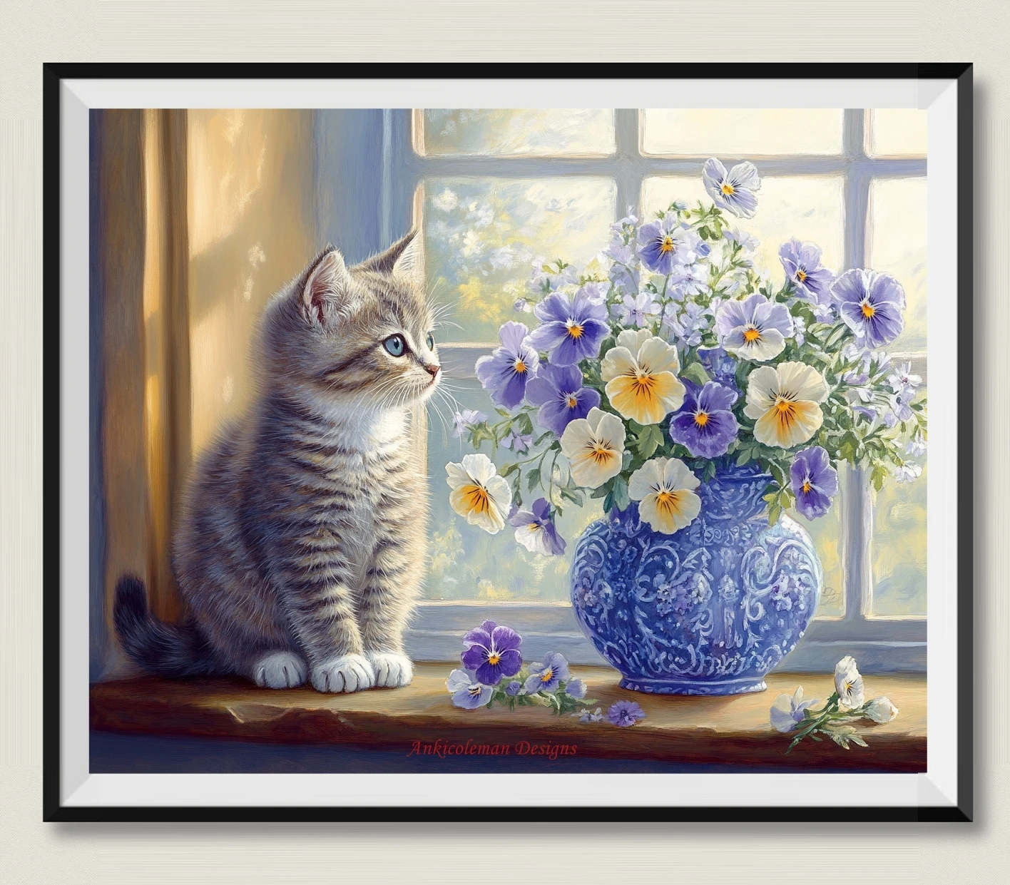

Tabby Kitten and Pansies- Needlework for embroidery DIY DMC High Quality - Counted Cross Stitch Kits 14 ct Oil painting